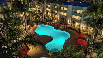 Outdoor pool, open 7 AM to 11:00 PM, pool umbrellas, sun loungers