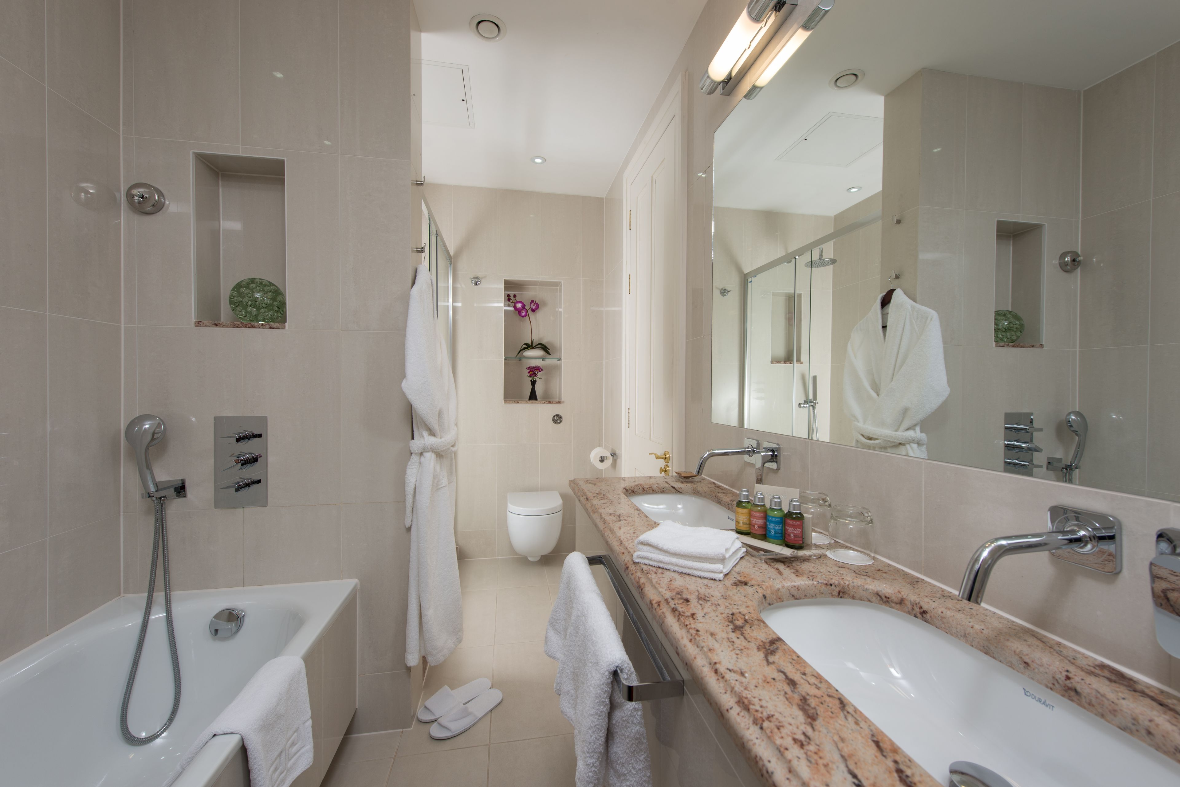 shower, eco-friendly toiletries, hair dryer, towels