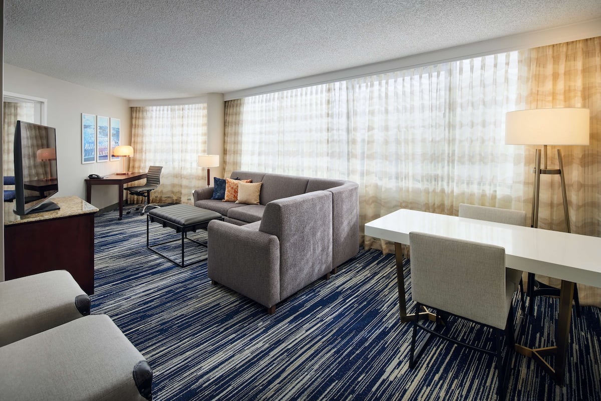 A hotel room with a grey sofa, a white desk, a blue striped carpet, and a large window with sheer curtains.