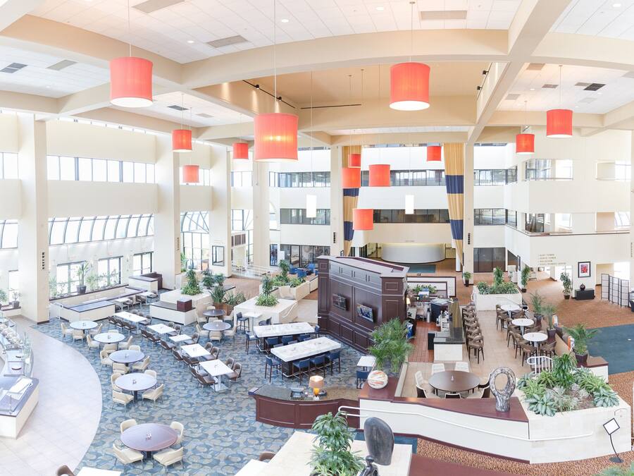 A spacious hotel lobby with multiple dining areas, a central reception desk, and large windows allowing natural light.