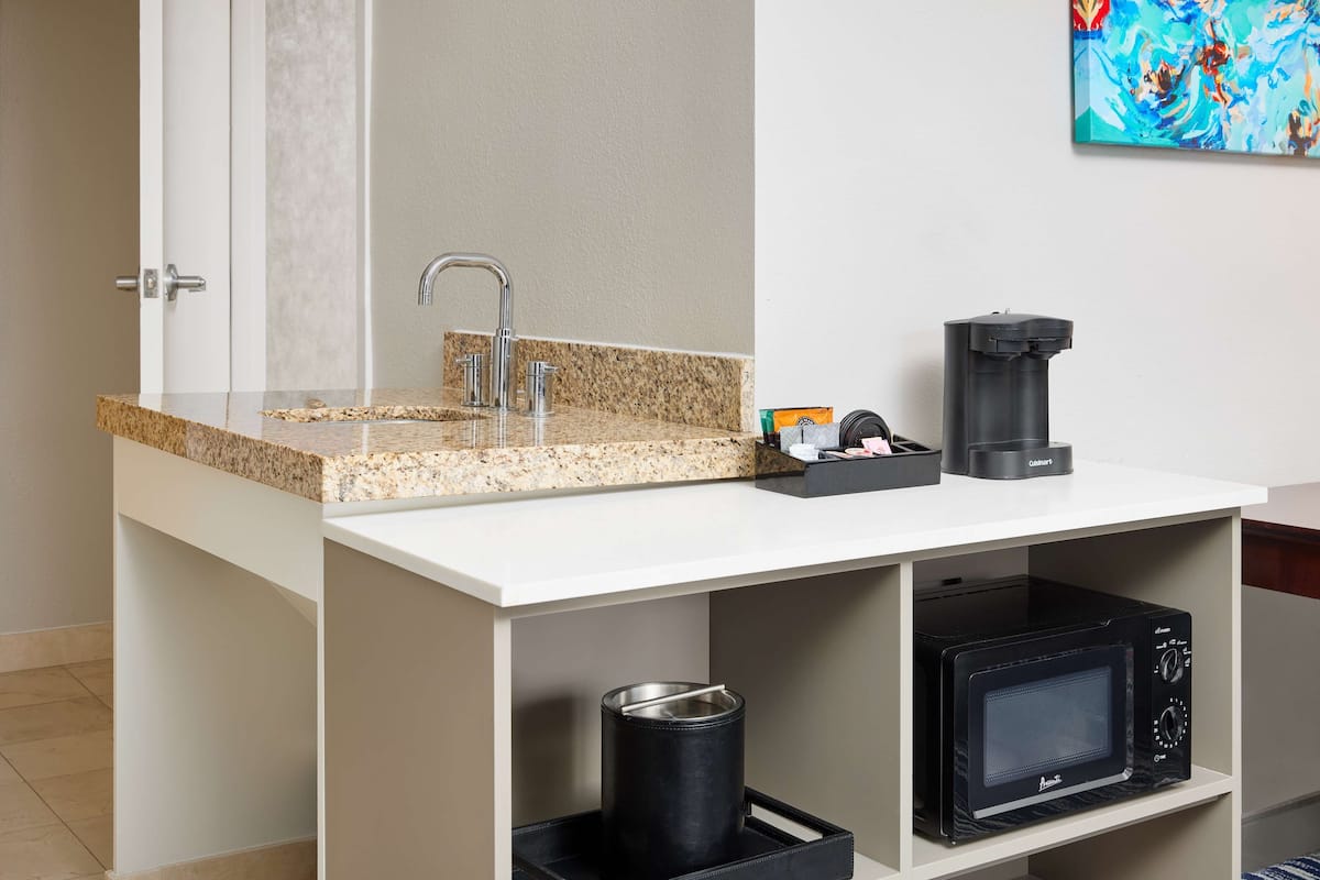 A modern bathroom with a granite countertop sink, a coffee maker, and a microwave on a white shelf.