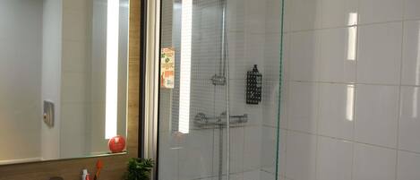 Une salle de bain avec un lavabo blanc, un miroir, une cabine de douche en verre et une petite plante en pot posée sur le lavabo.
