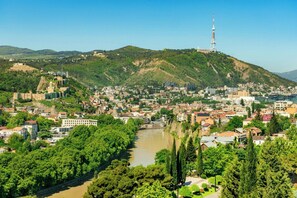 A cityscape with a river, green hills, and a prominent tower. - Sheraton Grand Tbilisi Metechi Palace (Tbilisi)