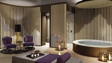 Salas de tratamiento para parejas, sauna y tina de hidromasaje