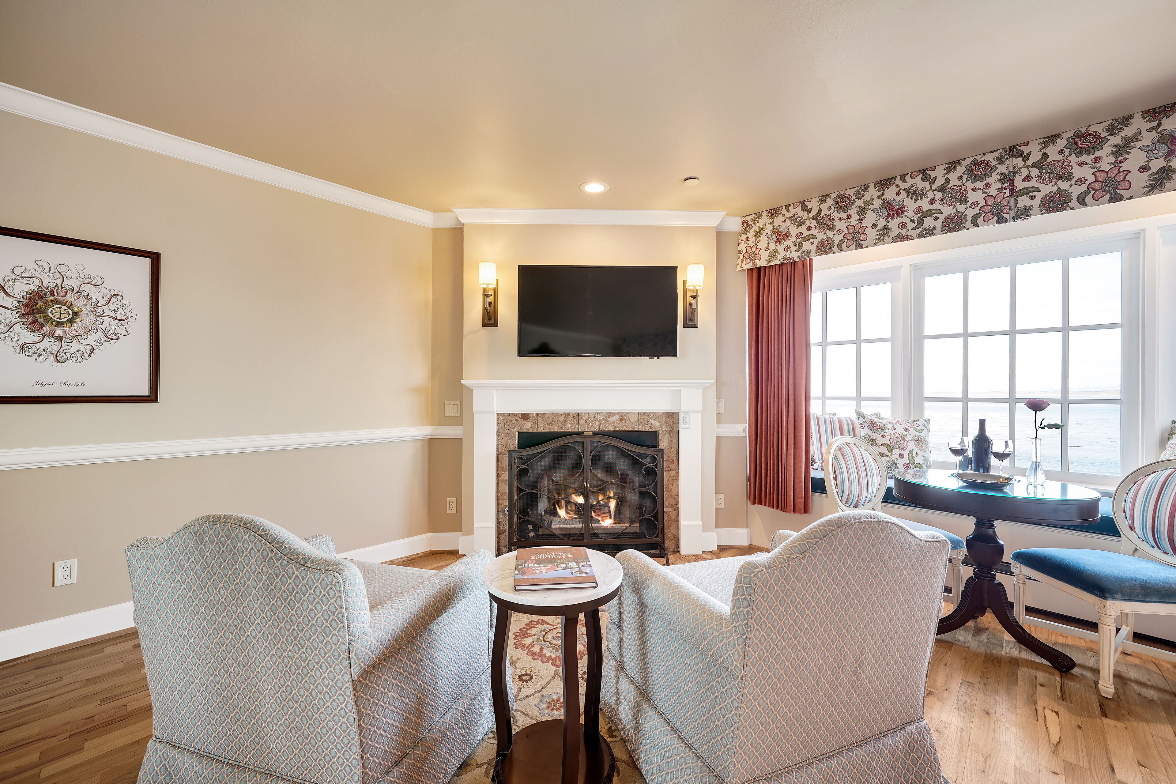 room, 2 queen beds, fireplace, ocean view | premium bedding, in-room safe, desk, iron/ironing board