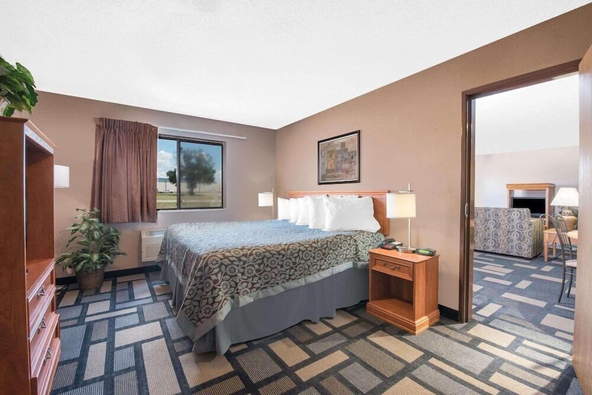 A hotel room with a bed, bedside table, lamp, potted plant, window with curtains, and a view of the outdoors.