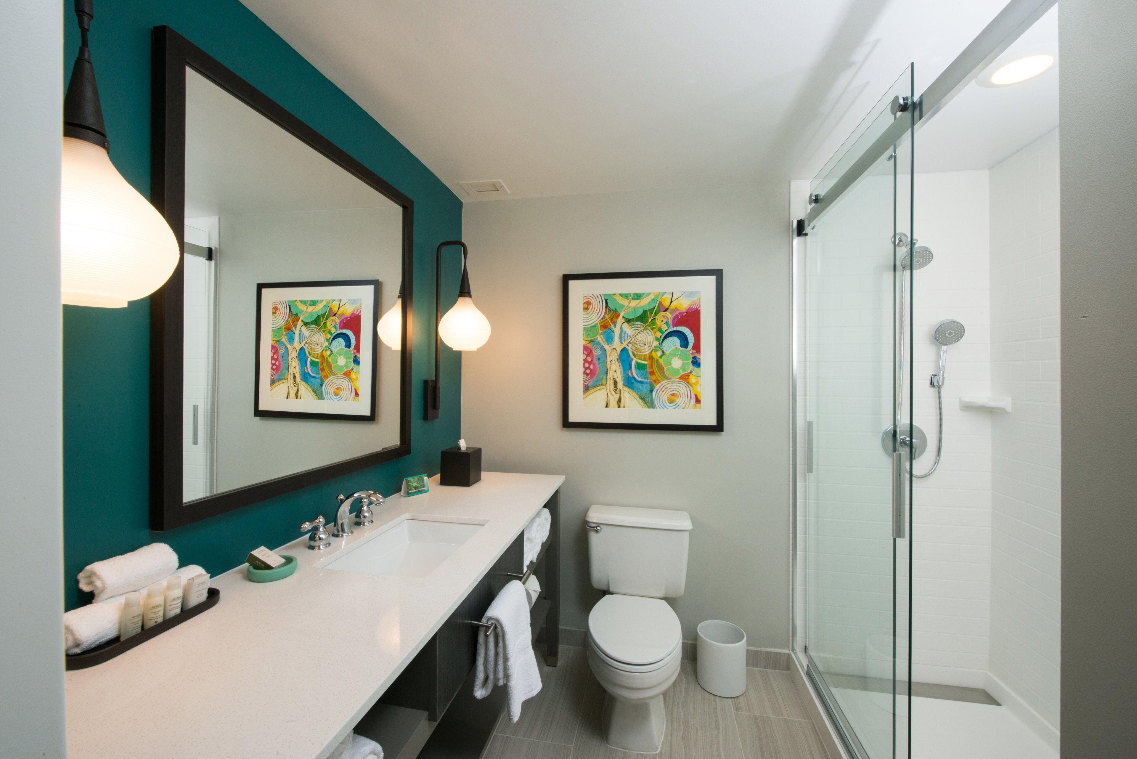 A modern bathroom with a glass shower enclosure, a white sink, and two framed abstract paintings.
