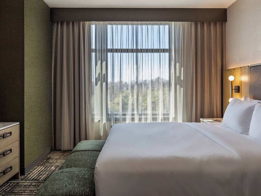 A hotel room with a large bed, a nightstand, a lamp, and a view of the outdoors through the window.