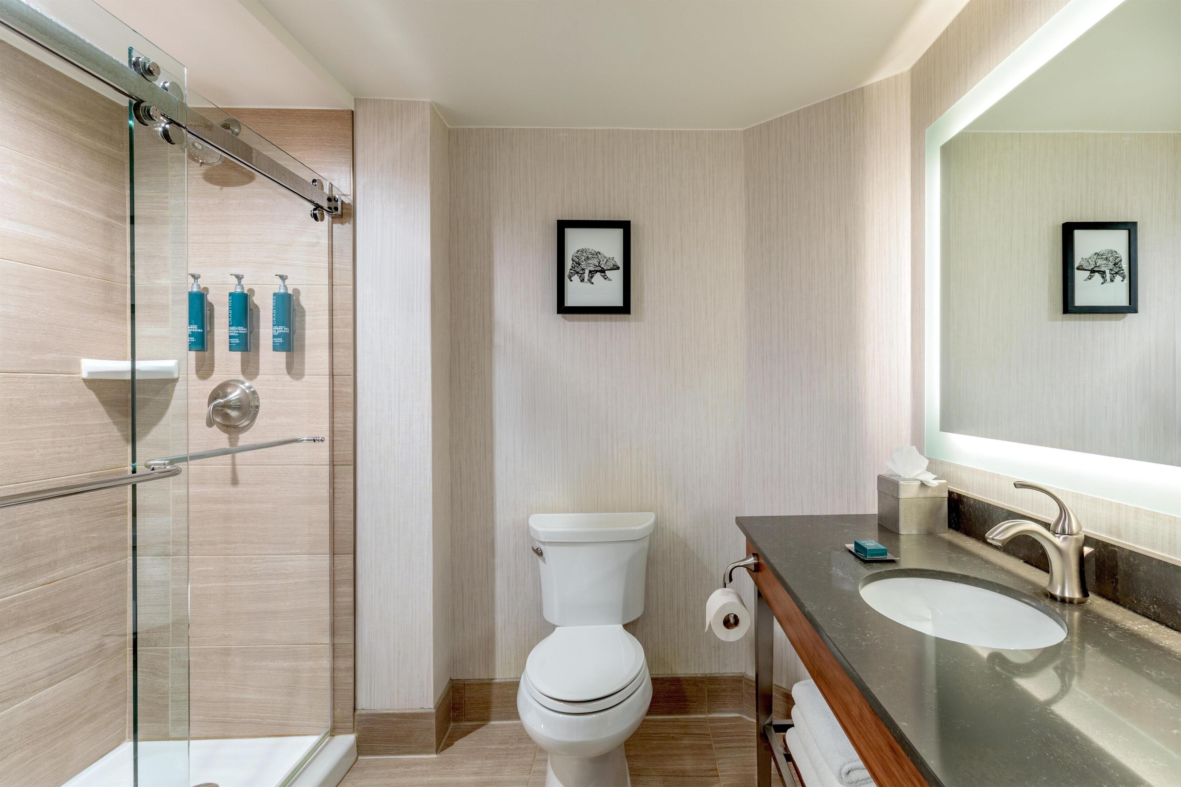 Un baño moderno con cabina de ducha de vidrio, inodoro, lavamanos con espejo y cuadros en la pared.