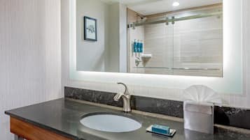 Un baño con un espejo grande, un lavabo, dispensador de toallas y zona de ducha.