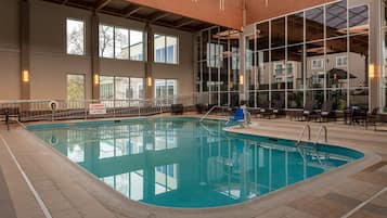 Indoor pool, open 6:00 AM to 8:00 PM, pool loungers