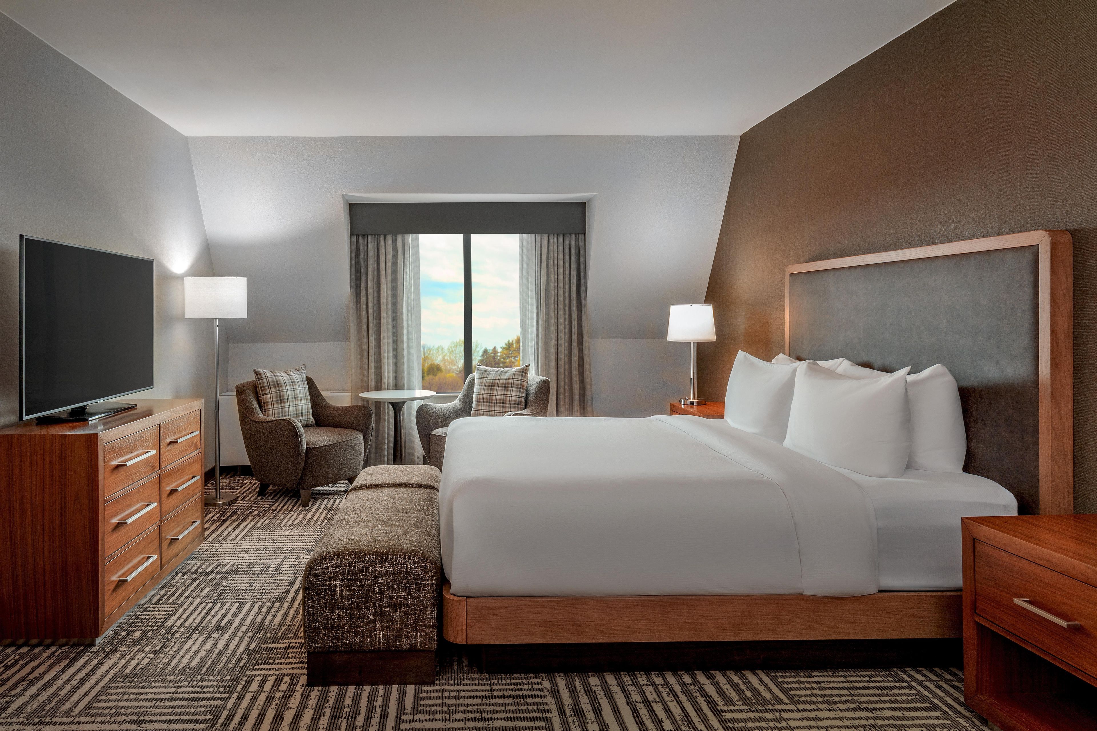 A hotel room with a large bed, a TV, a desk, a chair, and a view of the outdoors.