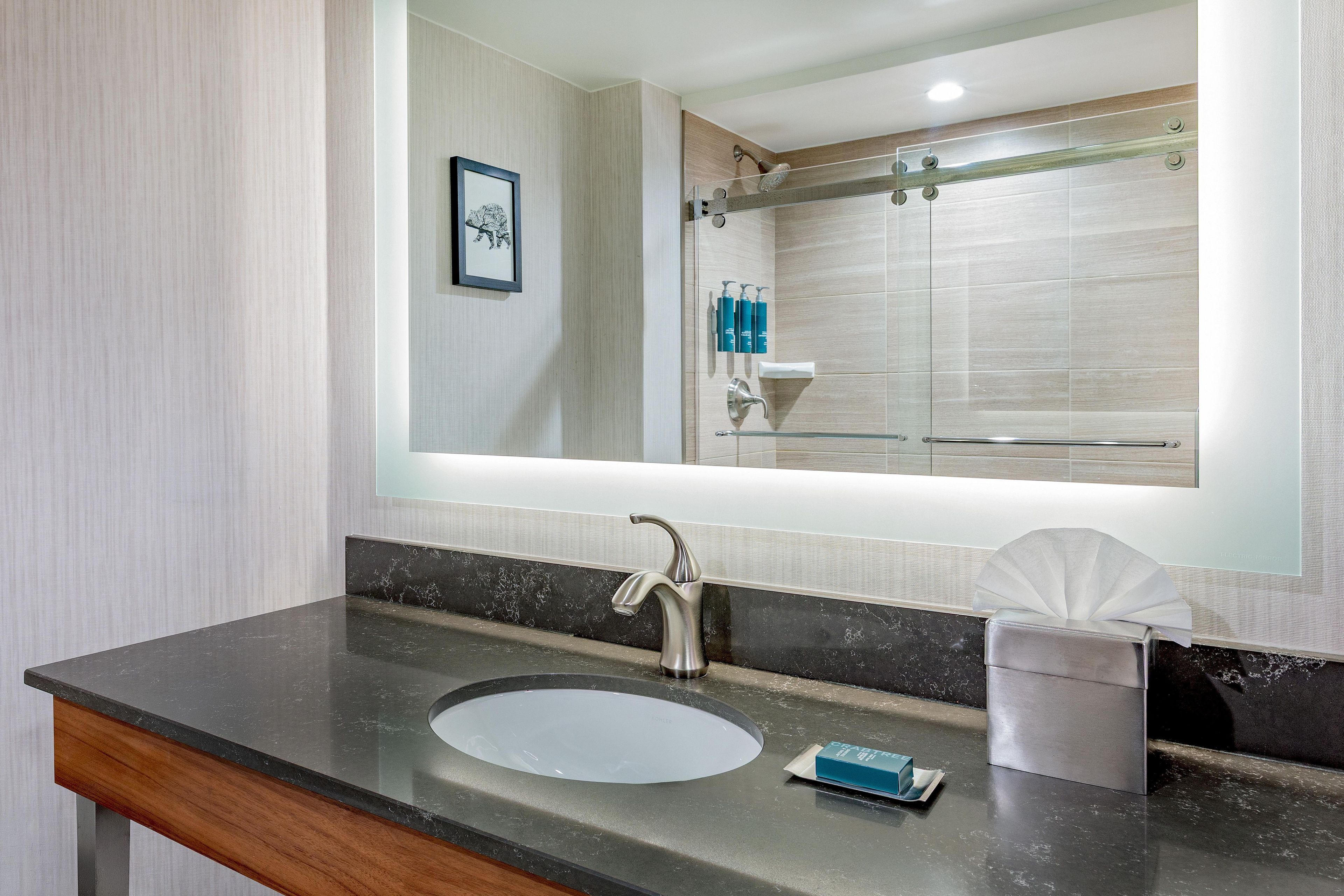 Une salle de bain avec un grand miroir, un lavabo, un distributeur de serviettes et un espace douche.