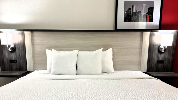 Habitación de hotel con una cama grande, dos mesitas de noche, un cabecero y un cuadro enmarcado en la pared.