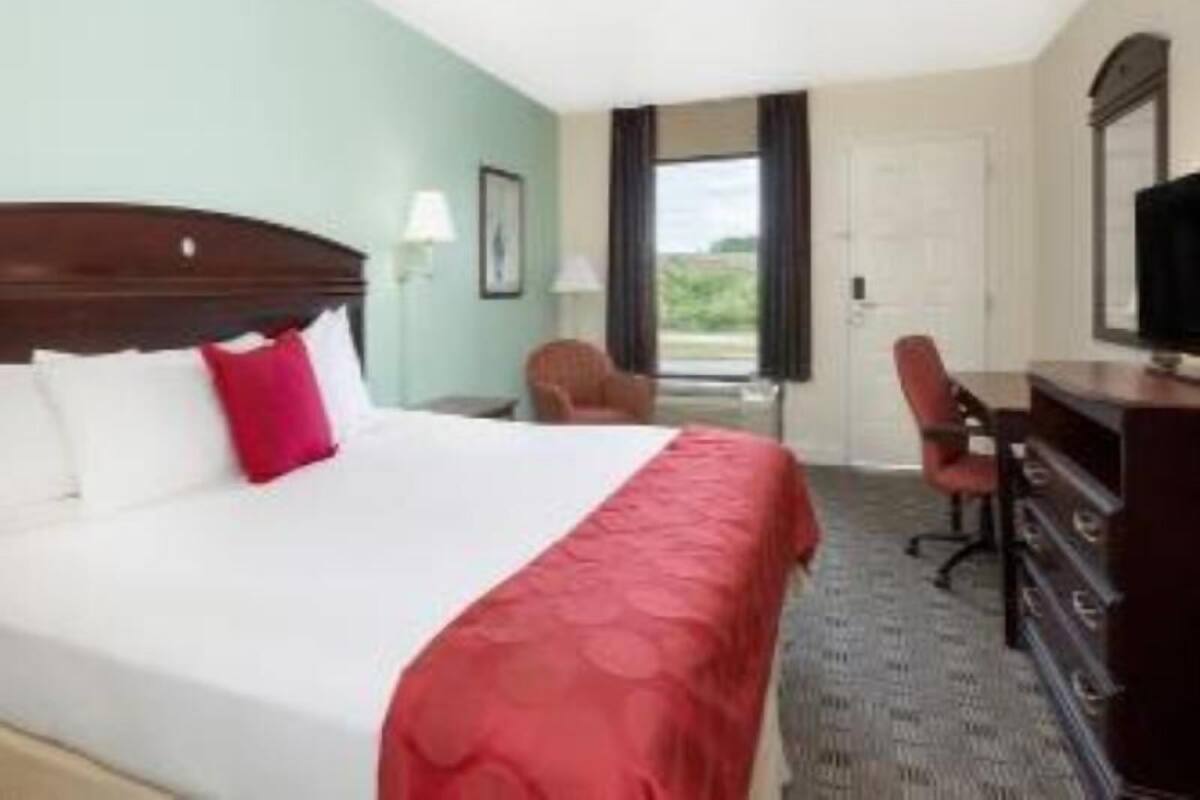 A hotel room with a bed, a desk, a chair, a dresser, and a television.