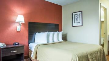 Una habitación de hotel con una cama, una mesita de noche, una lámpara y un cuadro en la pared.