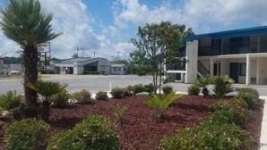 A parking lot with a landscaped garden area featuring various shrubs and a palm tree. - Western Inn (Pensacola)