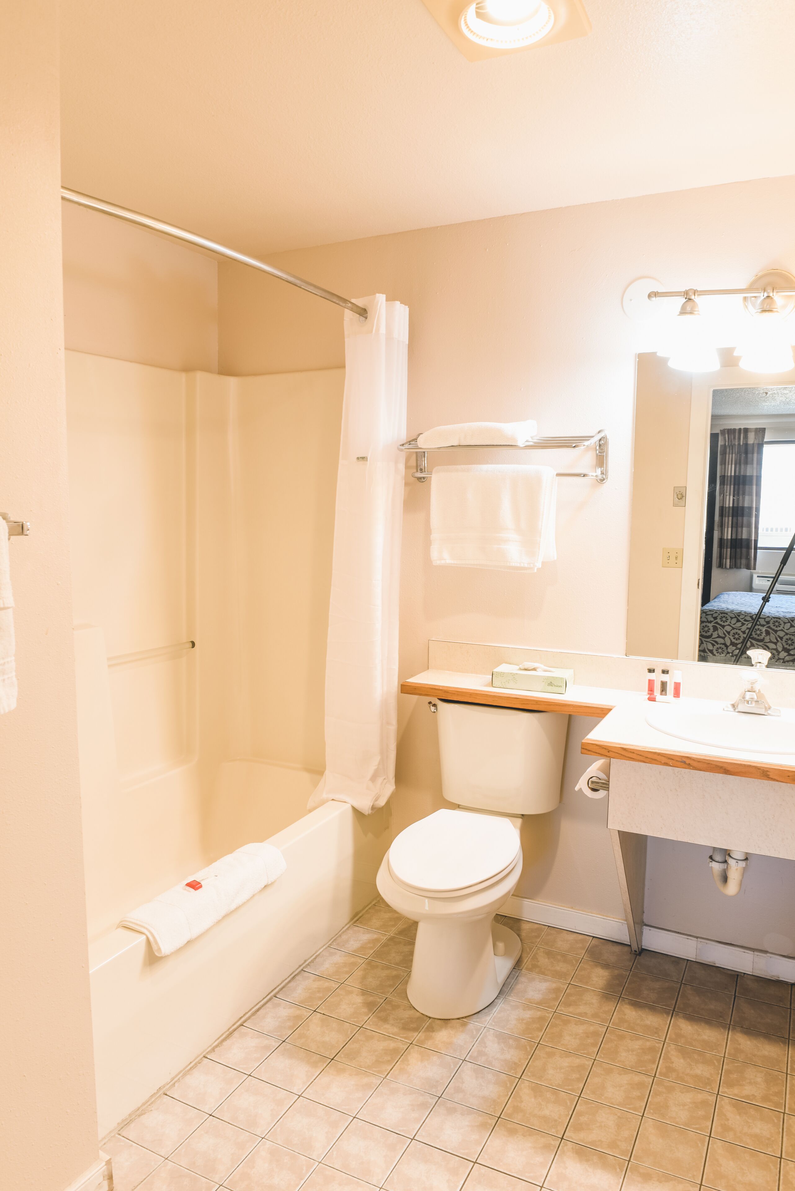 A bathroom with a shower, toilet, and sink.