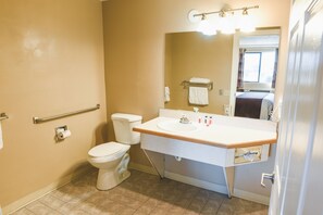 A bathroom with a toilet, sink, and mirror.