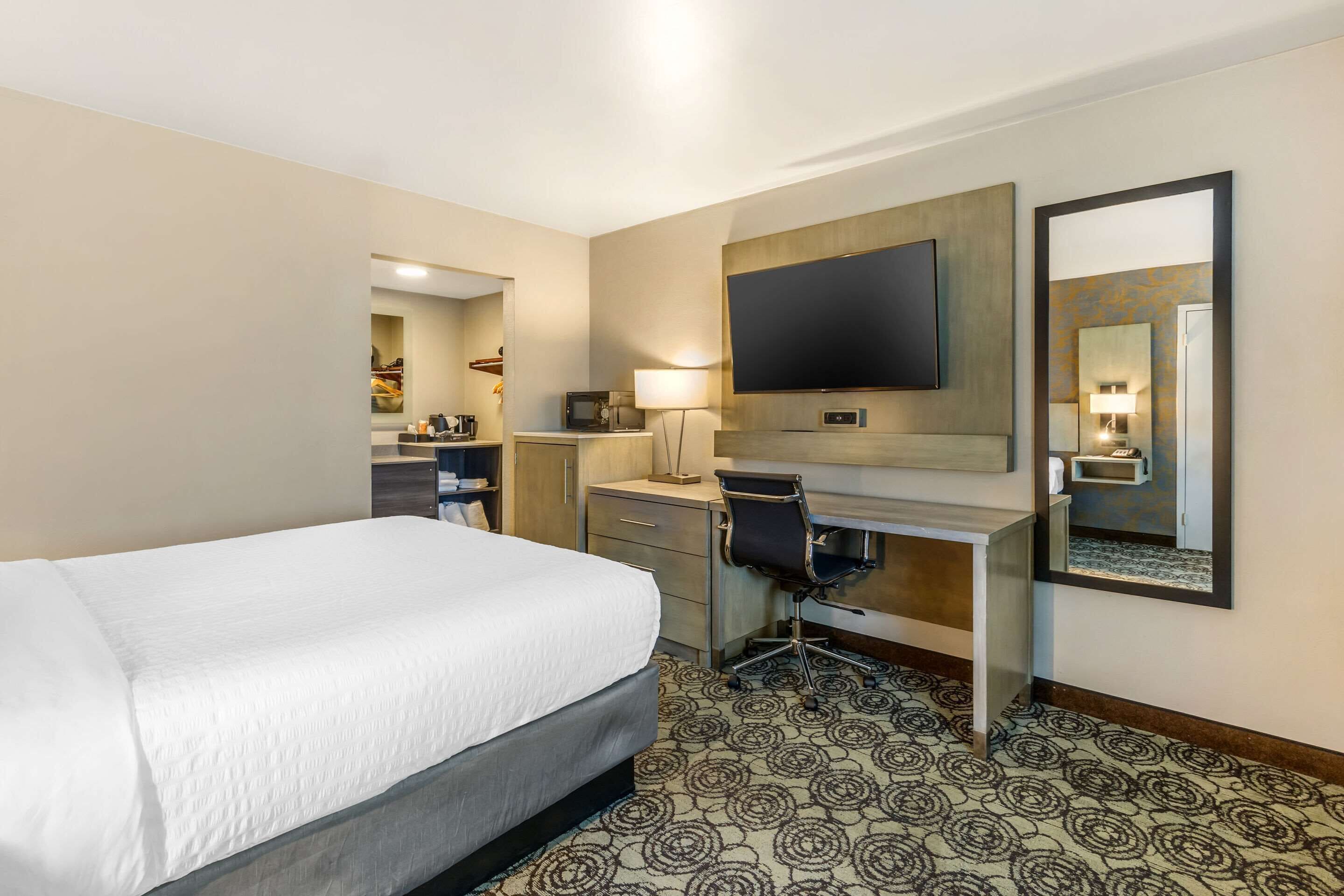 A hotel room with a bed, desk, chair, TV, and a mirror.