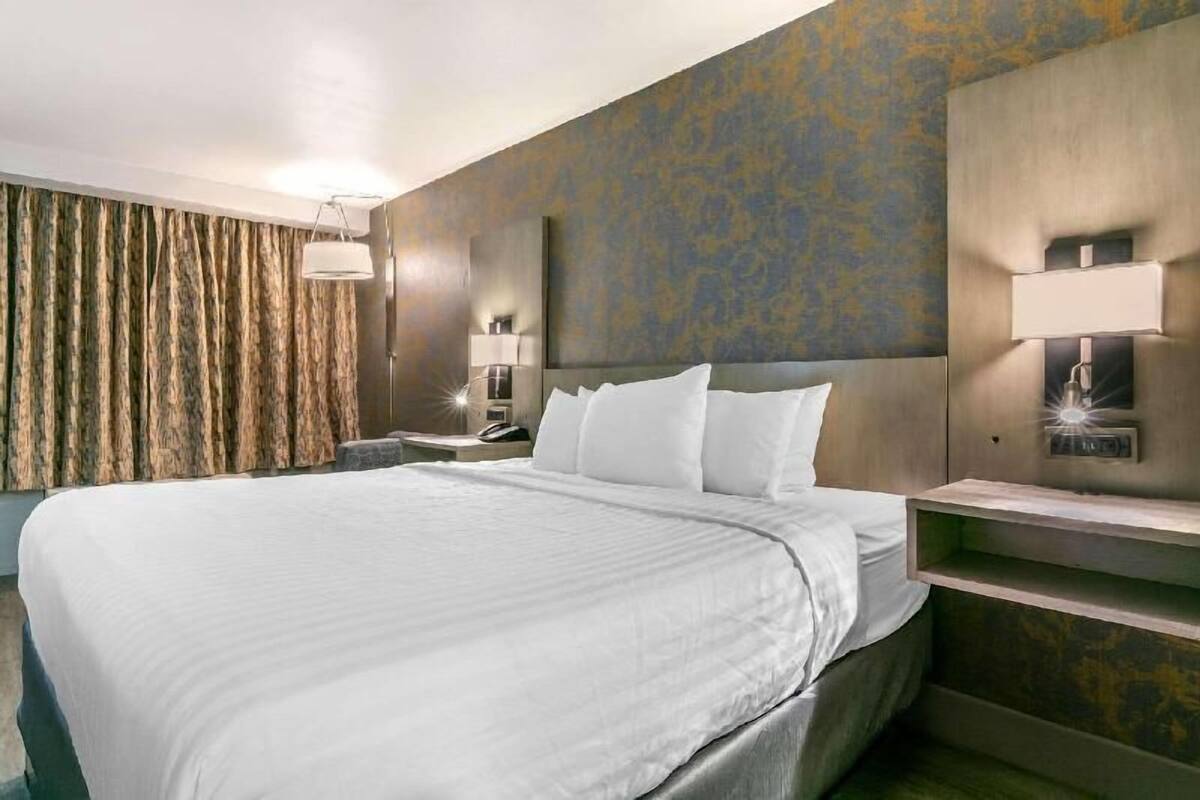 Une chambre d’hôtel avec un grand lit, une table de chevet avec une lampe et un luminaire fixé au mur.