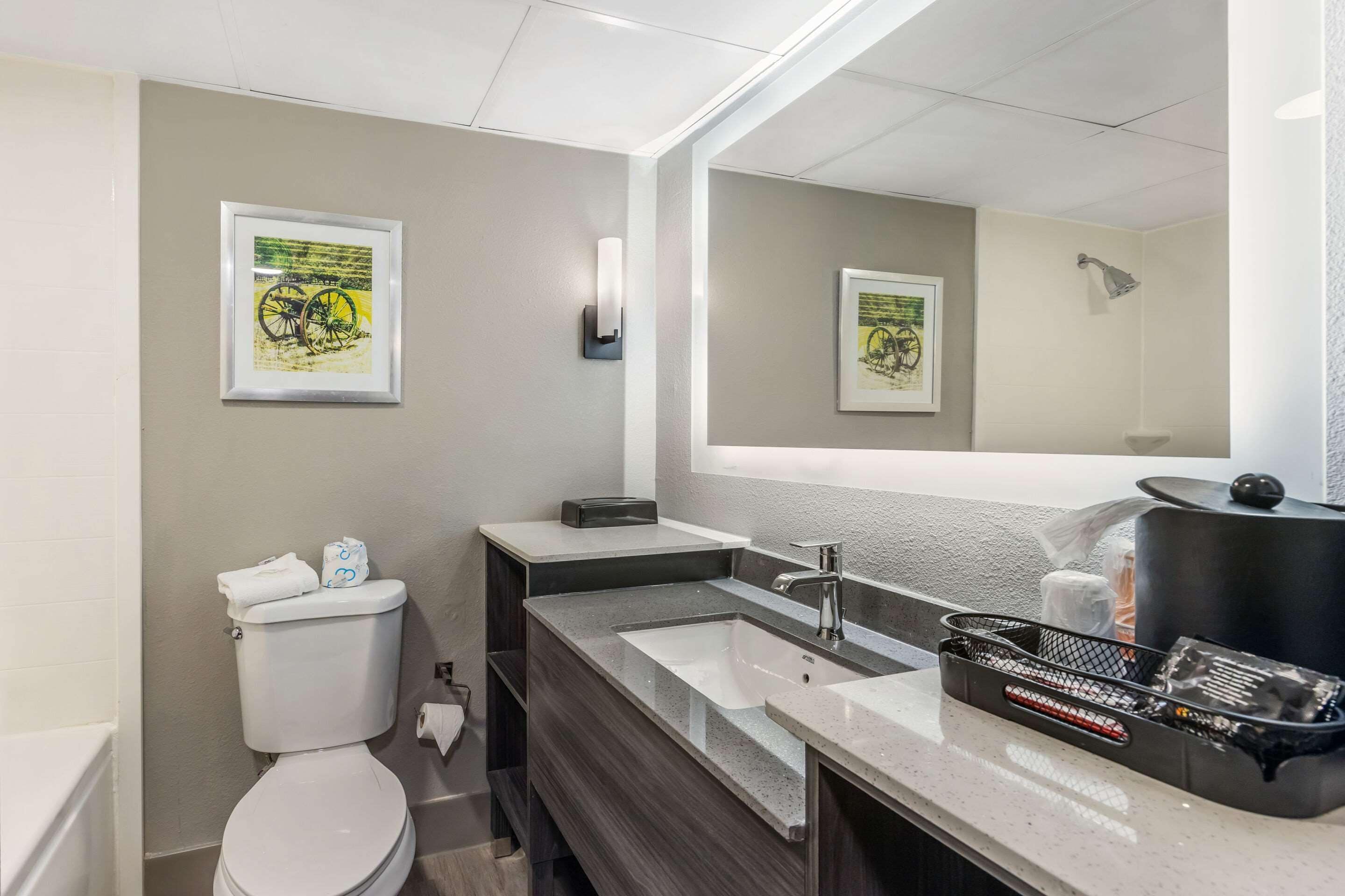 Ein modernes Badezimmer mit Toilette, Waschbecken und Spiegel. An der Wand befinden sich Bilder in Rahmen und ein Handtuchhalter.