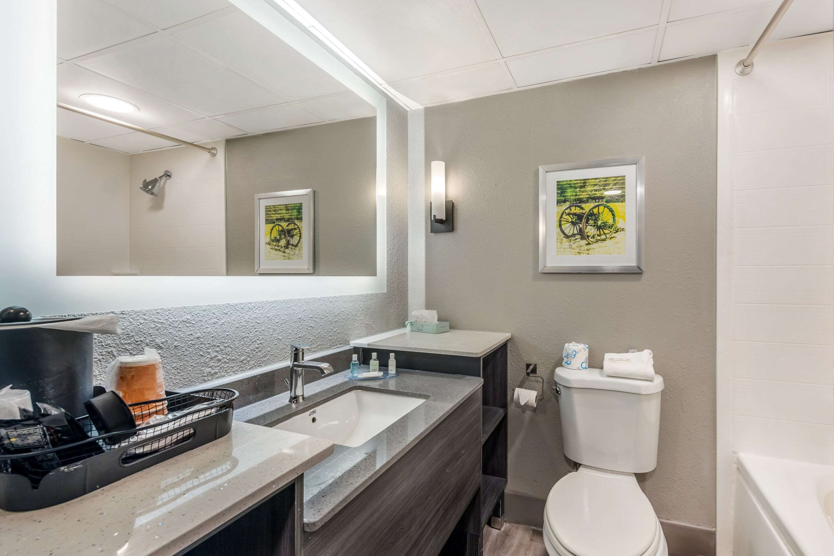 A modern bathroom with a large mirror, dual sinks, a toilet, and framed artwork on the walls.