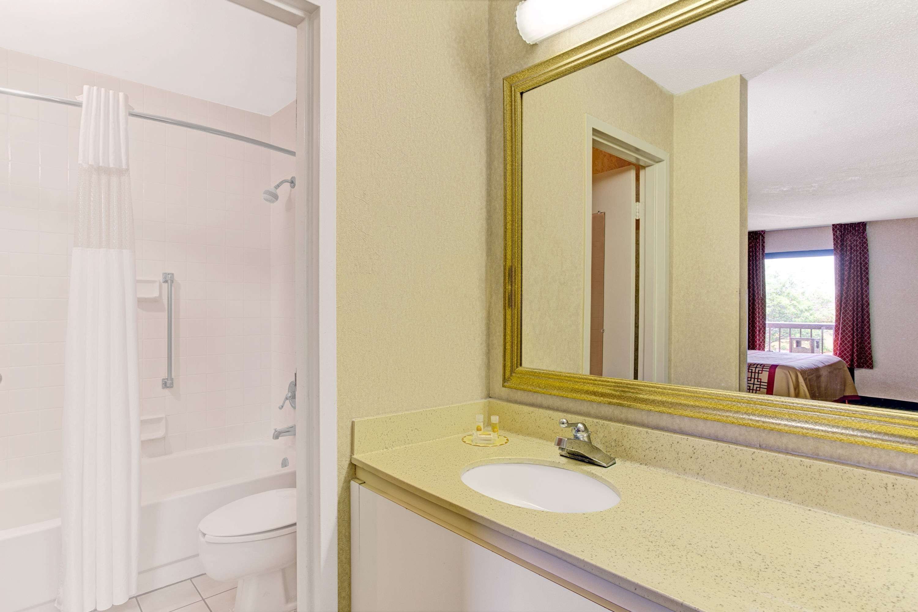 A bathroom with a shower, toilet, sink, and a large mirror.