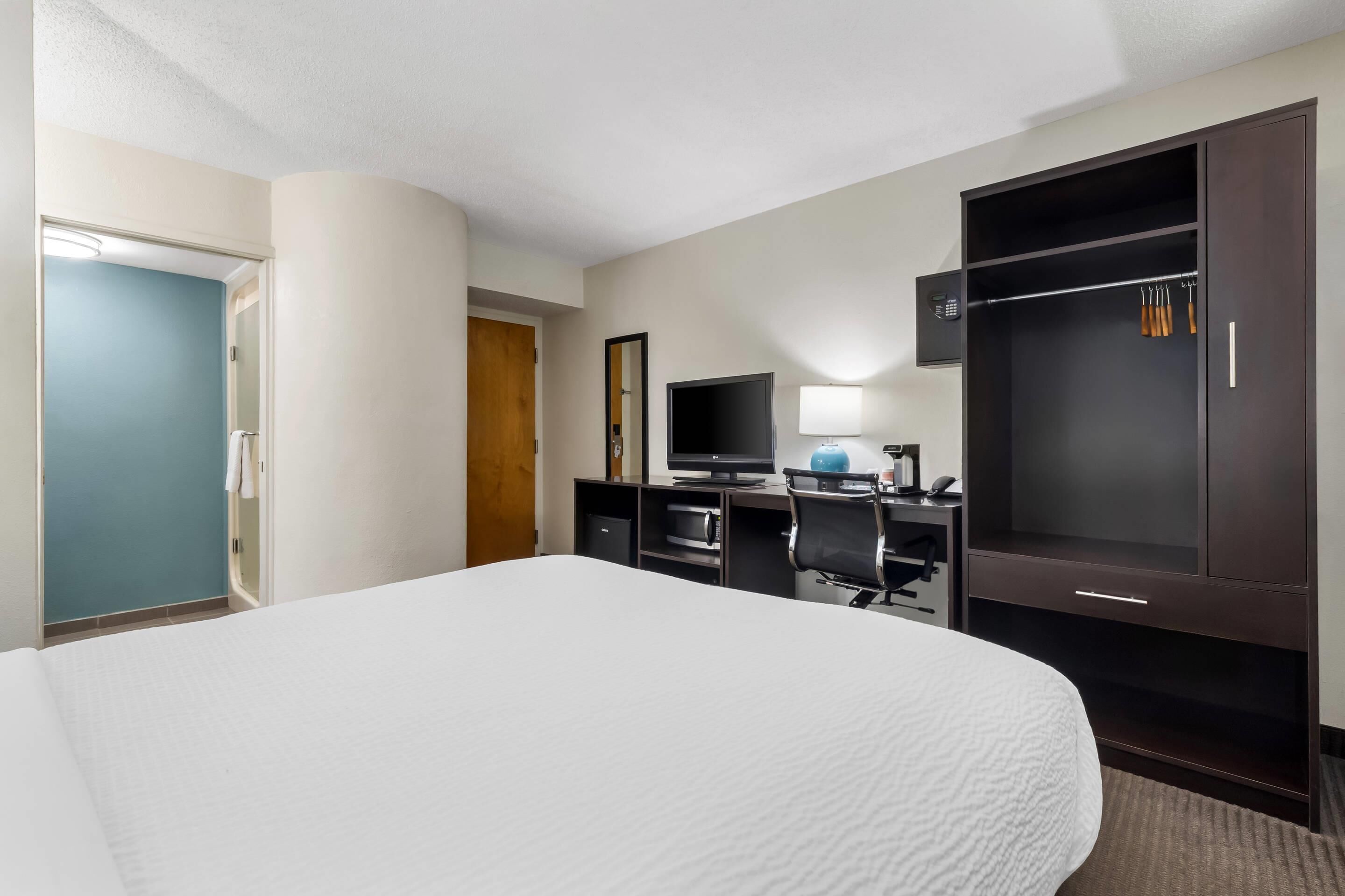 Una habitación de hotel con cama, escritorio con computadora, televisor, armario y puerta.