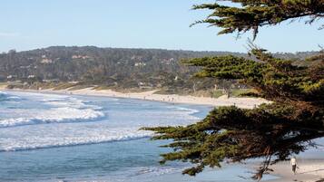 A beach with waves, a person walking, and a forested hillside in the background.