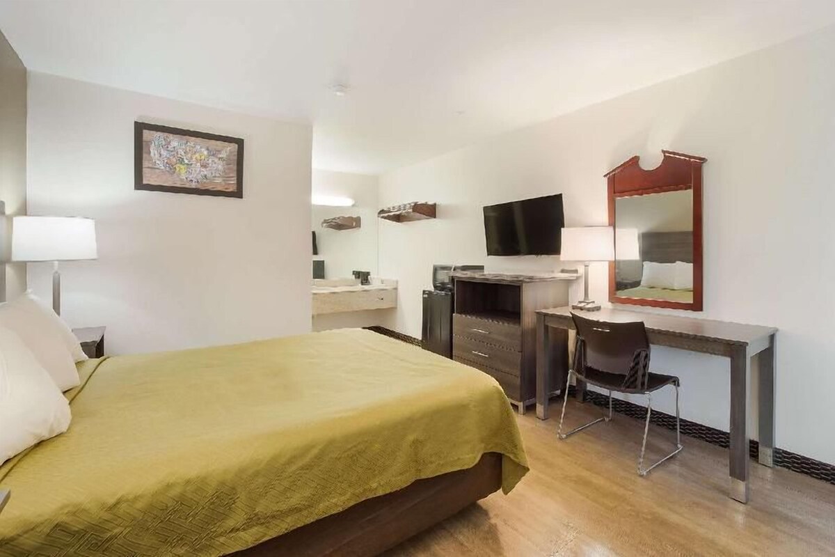Una habitación de hotel con cama, escritorio, silla, televisor y espejo.