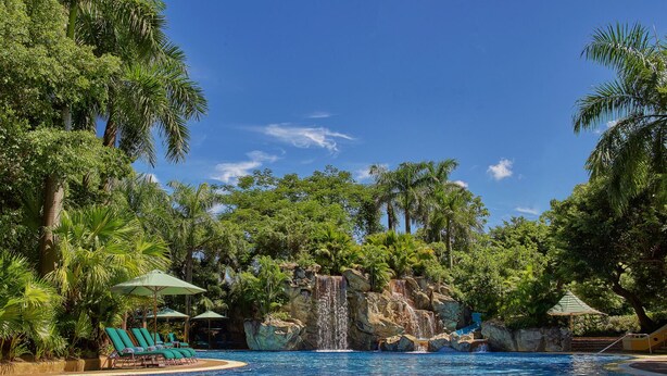 A pool with a waterfall feature surrounded by lush greenery and palm trees. - Artyzen Grand Lapa Macau (Macau)