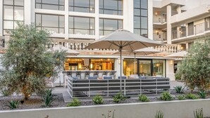 An outdoor seating area with a bar, surrounded by olive trees and a building with large windows.