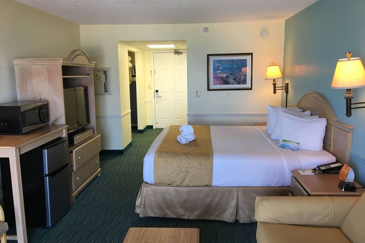 A hotel room with a bed, a desk with a microwave, a refrigerator, a TV, a painting on the wall, and a nightstand with a lamp.