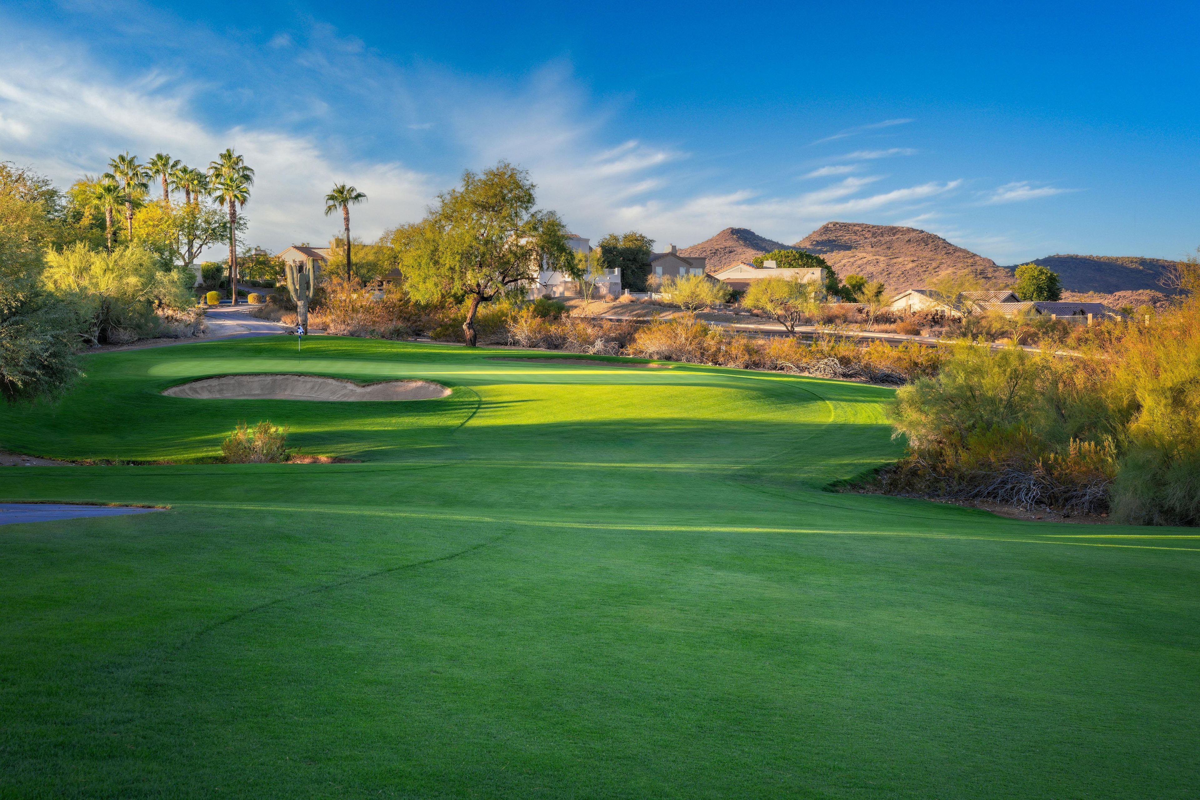Un terrain de golf avec un ciel dégagé, un cactus et une montagne en arrière-plan.