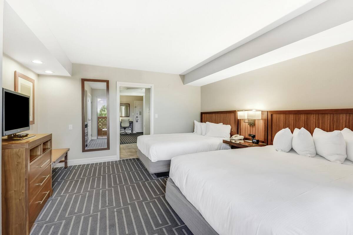 Habitación de hotel con dos camas, televisión, cómoda de madera y espejo.