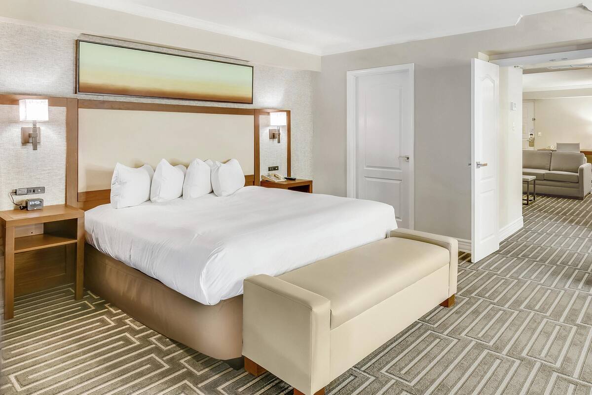 Habitación de hotel con una cama grande, mesitas de noche, un banco, un cuadro y una alfombra estampada.