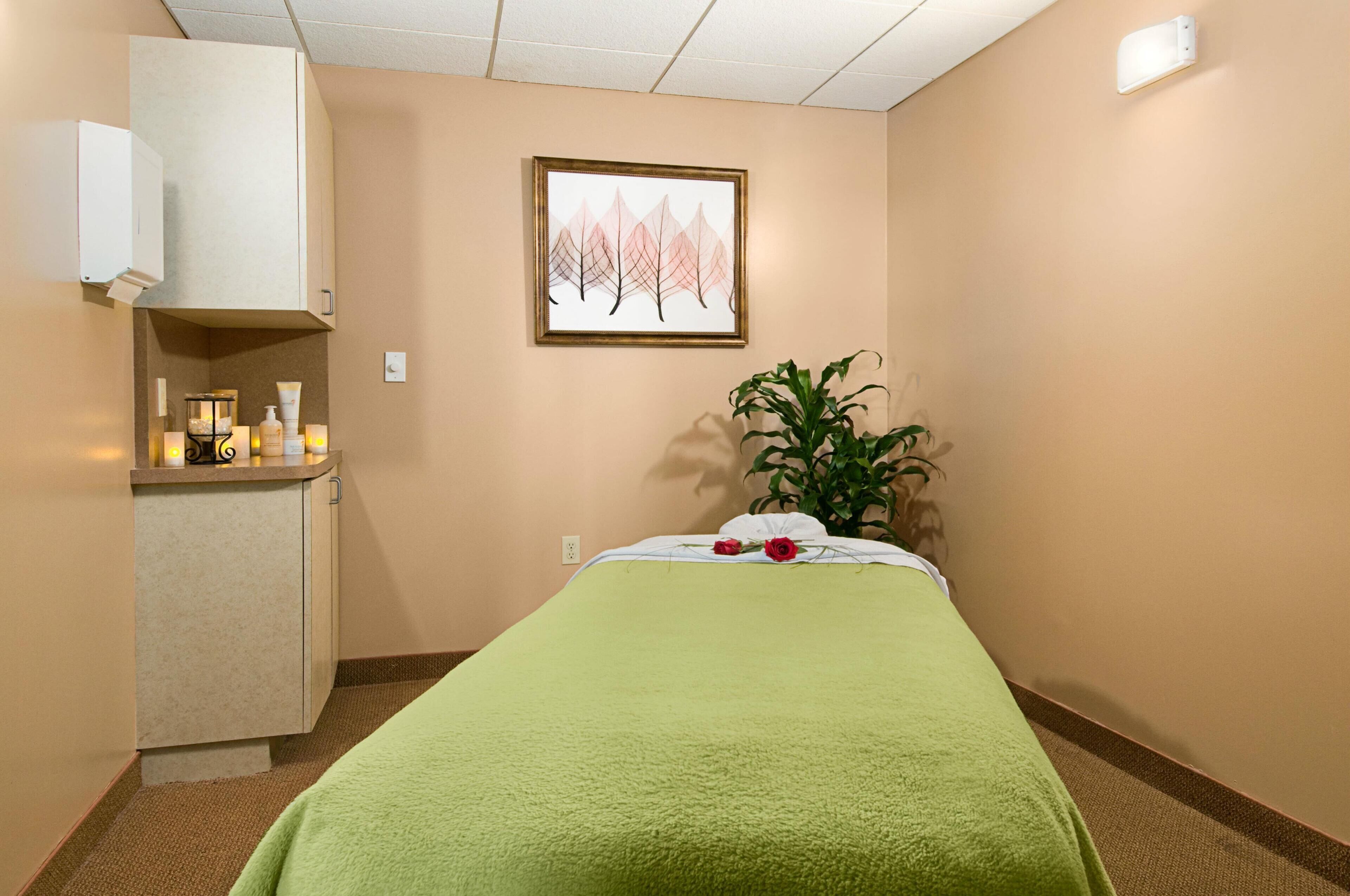 A hotel room with a bed, a small desk with toiletries, a potted plant, and a framed picture on the wall.