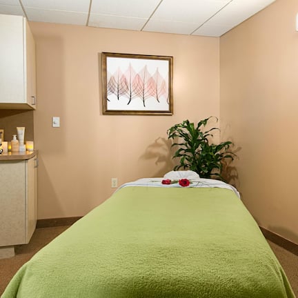A hotel room with a bed, a small desk with toiletries, a potted plant, and a framed picture on the wall.