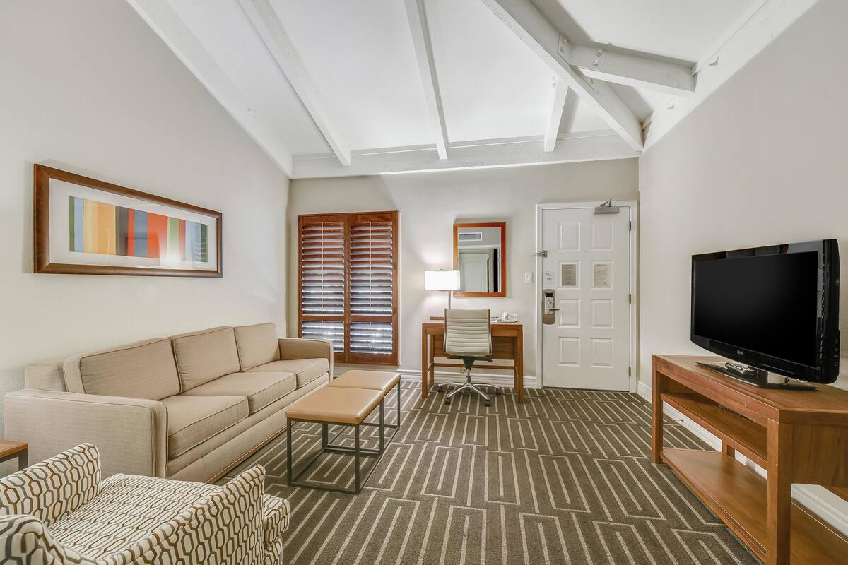 Una sala de estar con un sofá, un sillón estampado, un escritorio con una silla, un televisor sobre un mueble bajo y una alfombra con diseño.