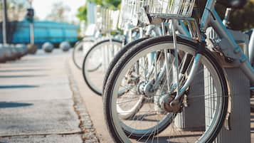 Varias bicicletas estacionadas en fila, cada una con una cesta en la parte delantera.