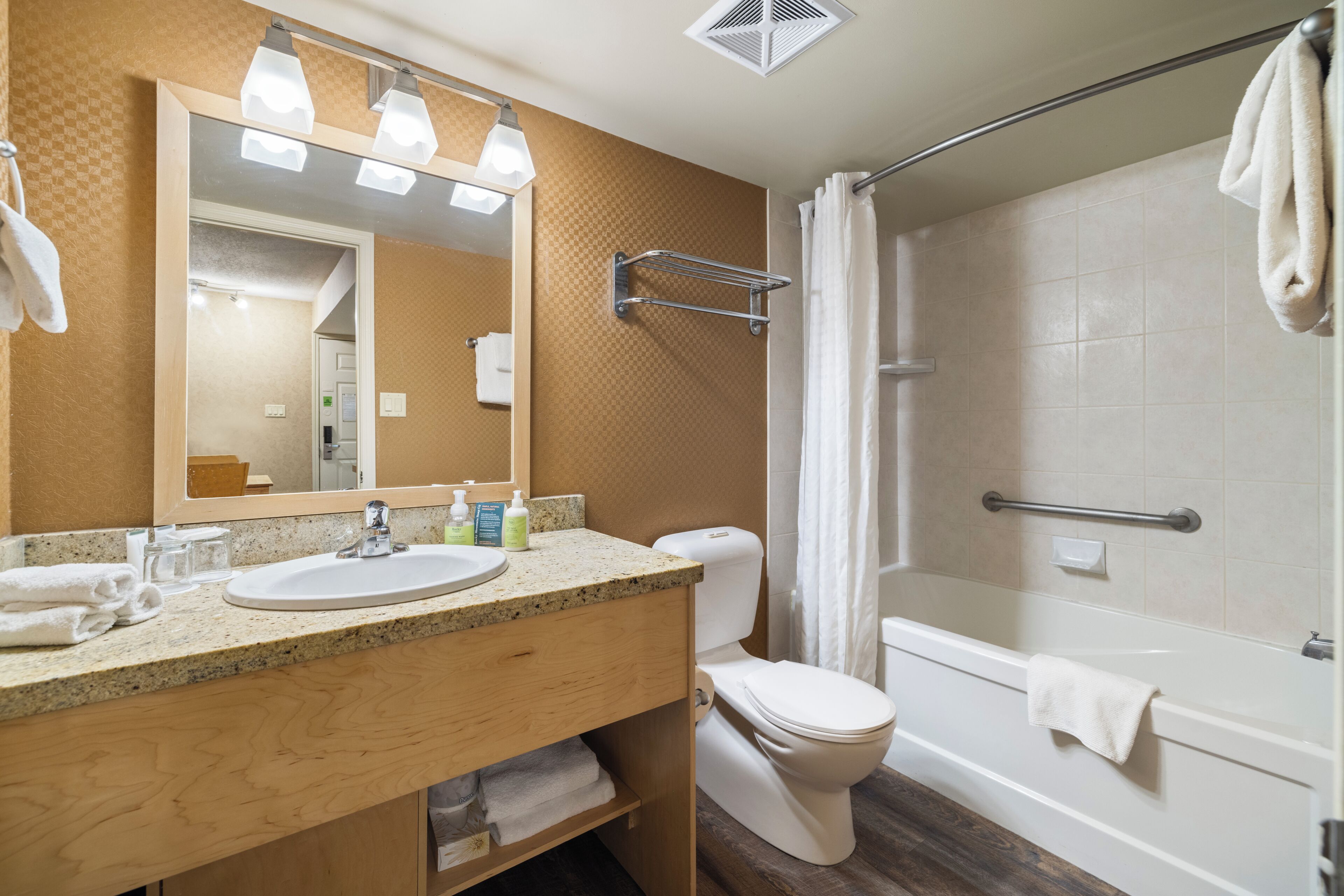 Un baño con lavabo, espejo, inodoro y ducha.