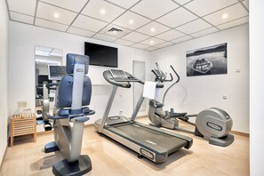 A gym with cardio equipment, a TV, and a painting of a boat on a lake. - H+ Hotel Frankfurt Airport West (Hofheim am Taunus)