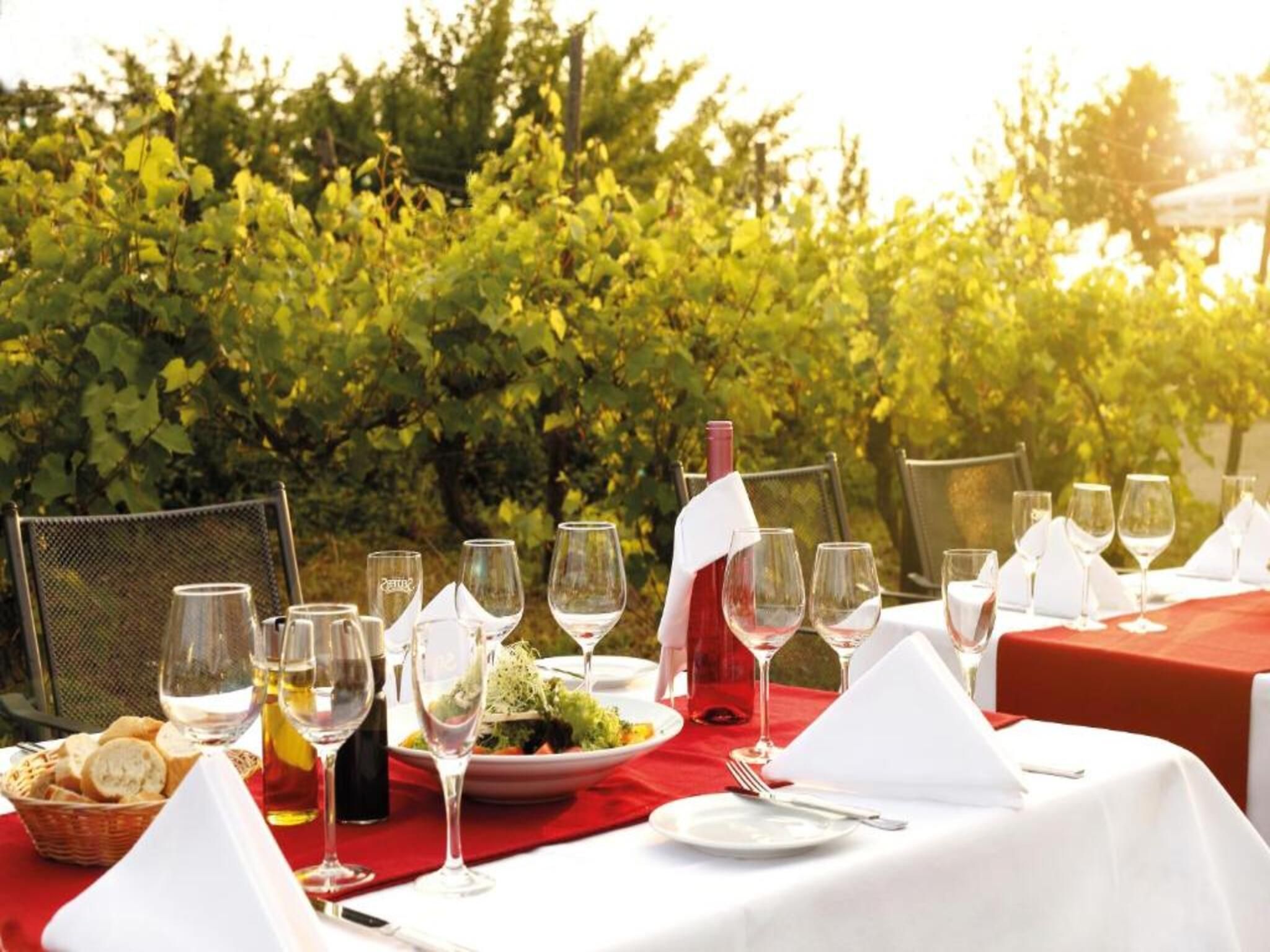 An outdoor dining setup with tables set for a meal, glasses, and a bottle of wine, surrounded by a vineyard.
