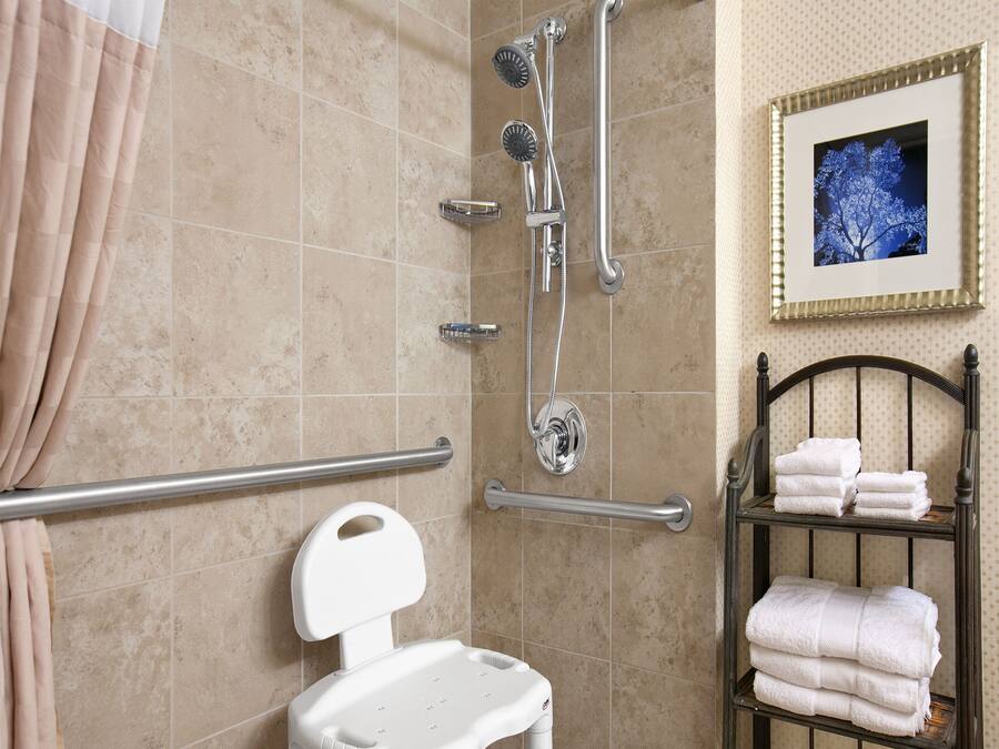 Une salle de bain équipée d’une douche, de barres d’appui, de toilettes et d’un porte-serviettes.