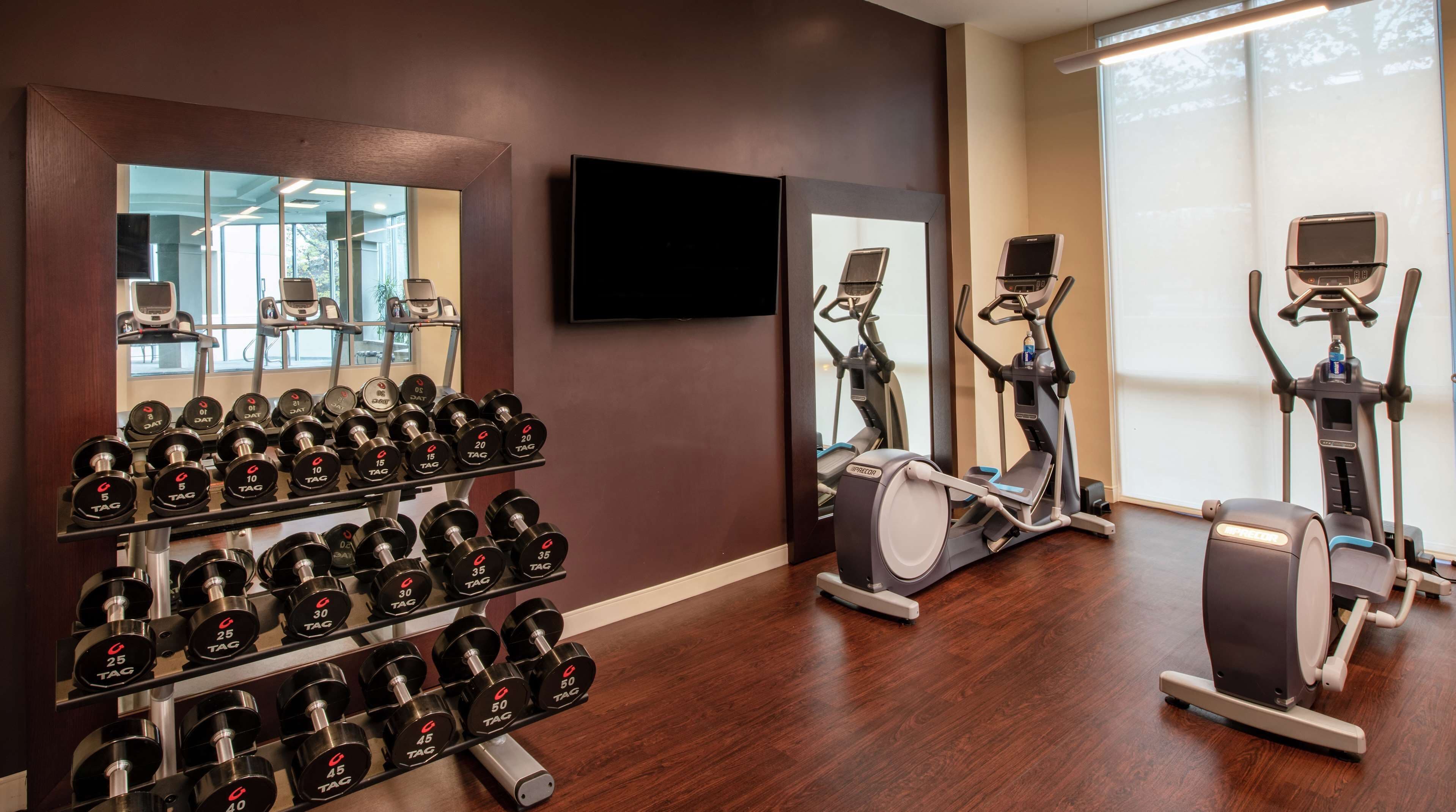 Une salle de sport équipée de matériel de musculation, de tapis de course et de vélos d’appartement.