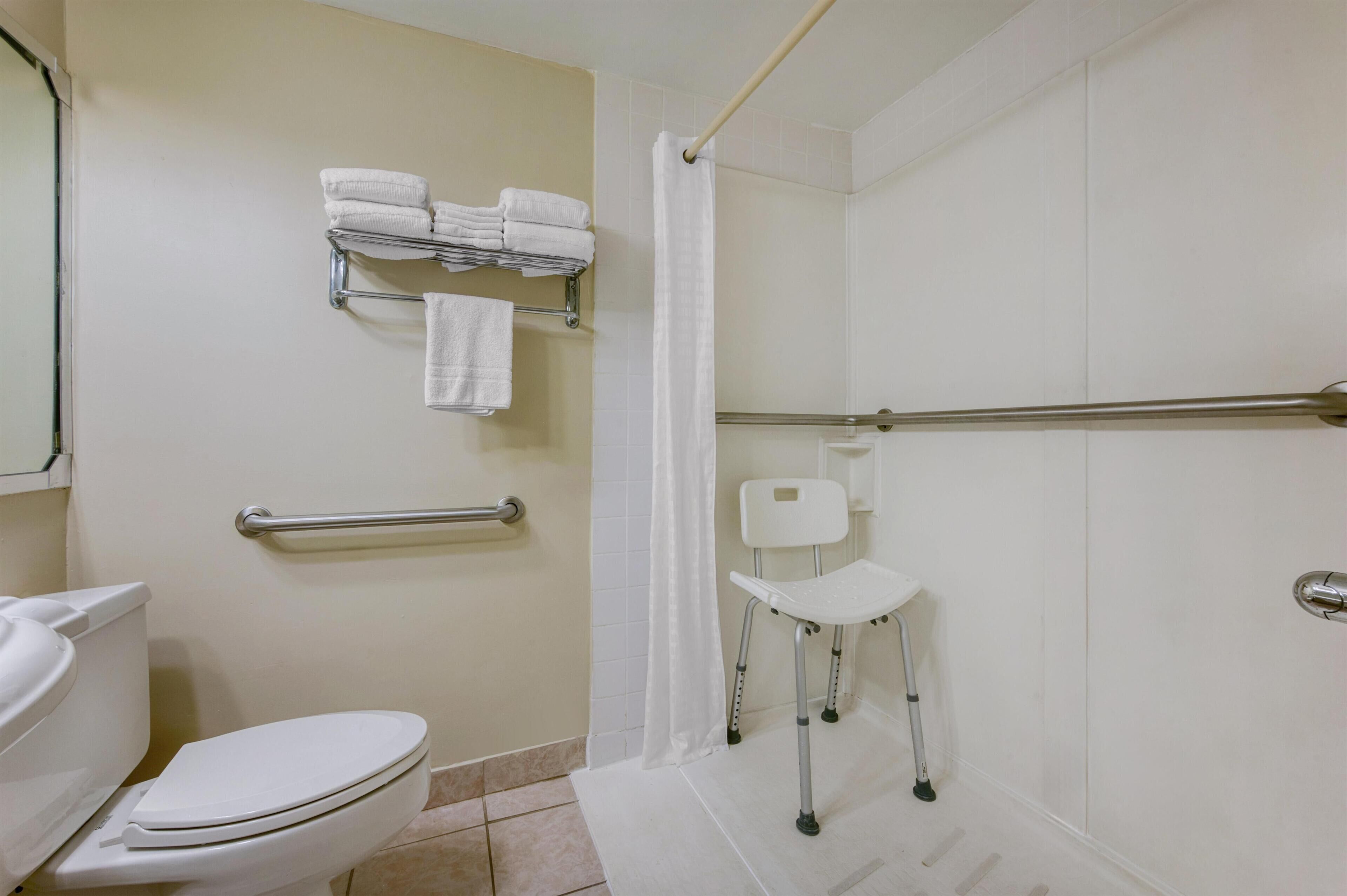 Un baño con inodoro, barandilla, ducha con barra de apoyo y una silla blanca.