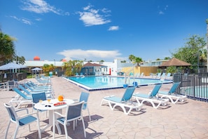 2 outdoor pools, a heated pool, sun loungers