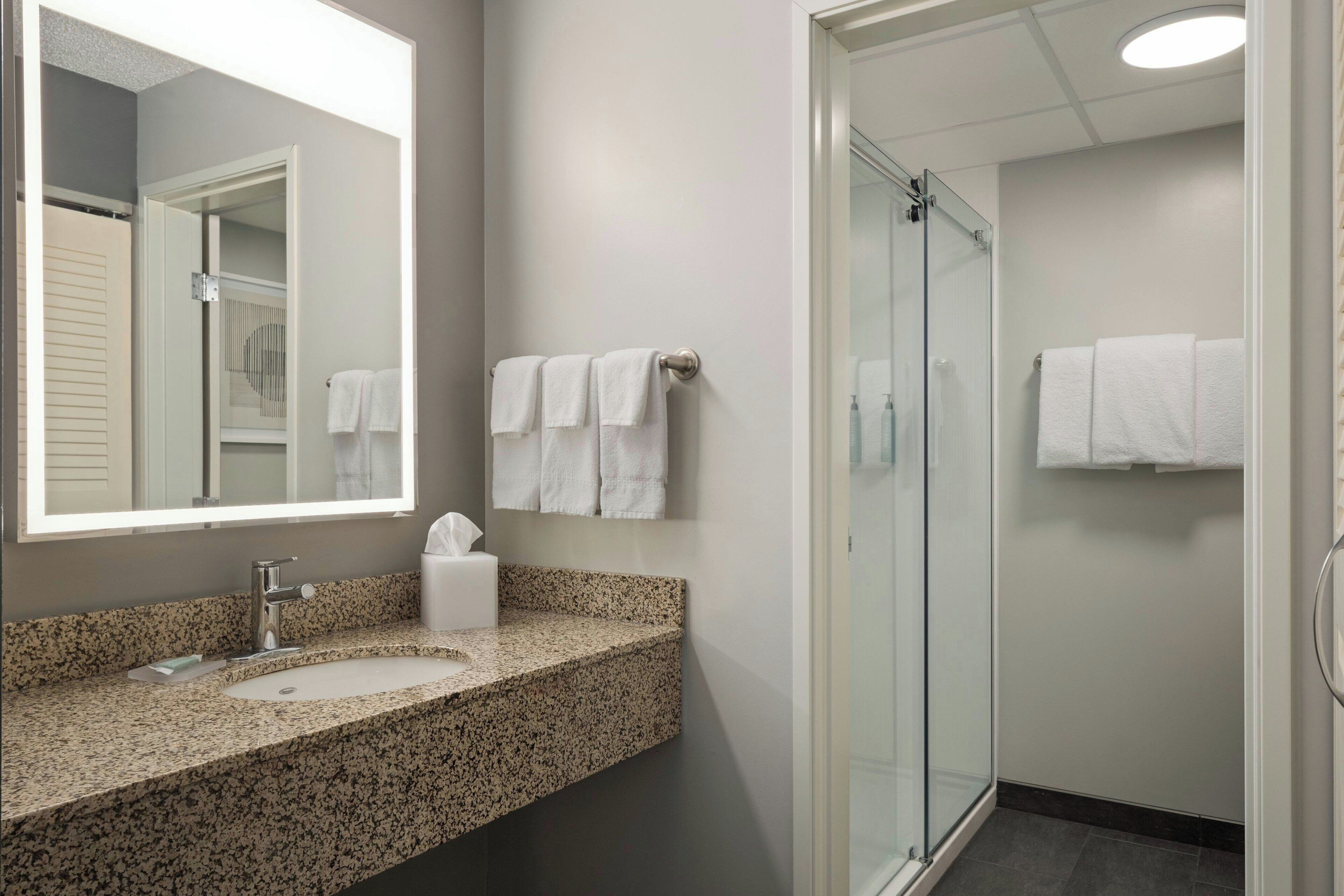 A bathroom with a granite countertop sink, a mirror, and a glass shower enclosure.