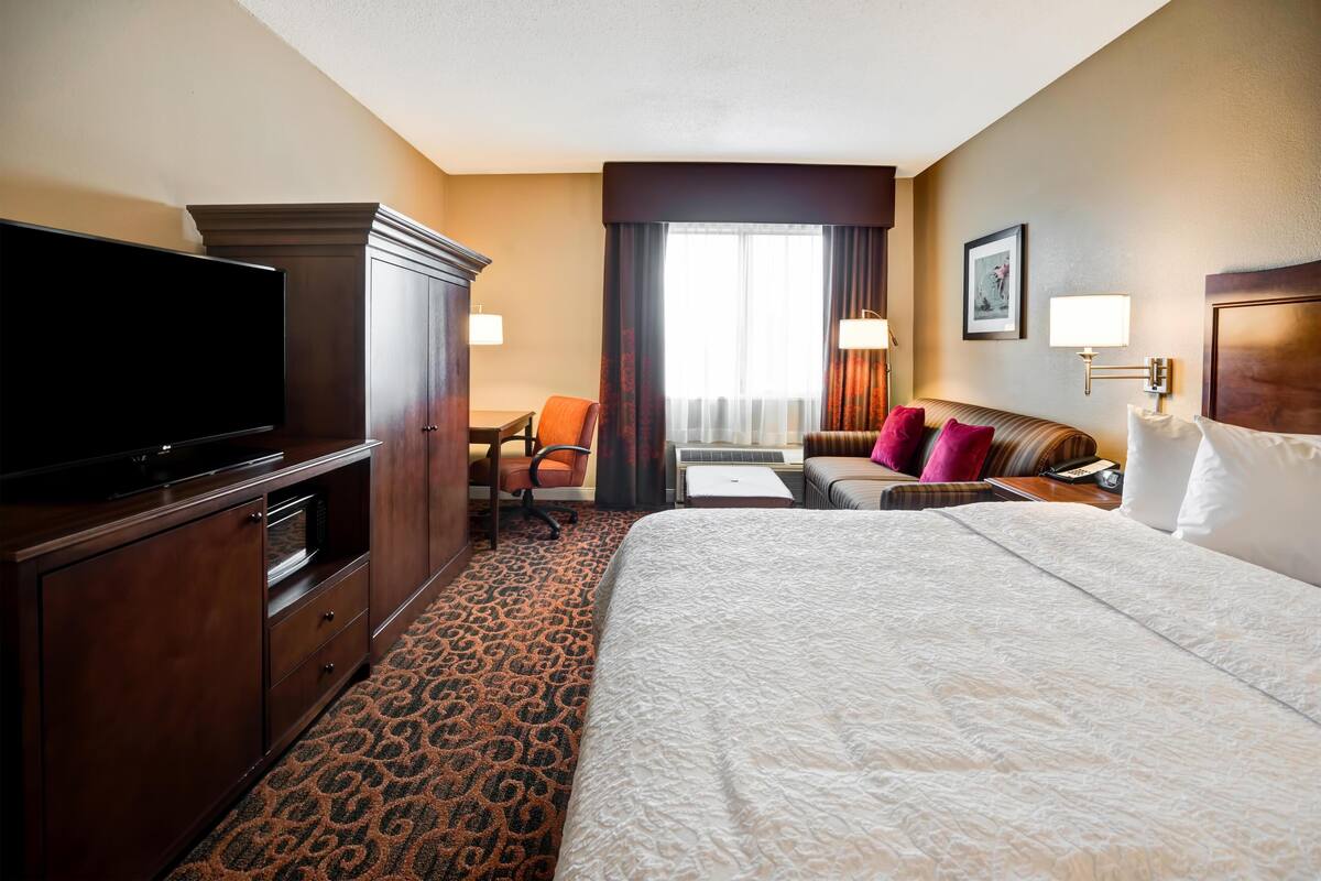 Una habitación de hotel con una cama grande, televisor, escritorio y una silla.